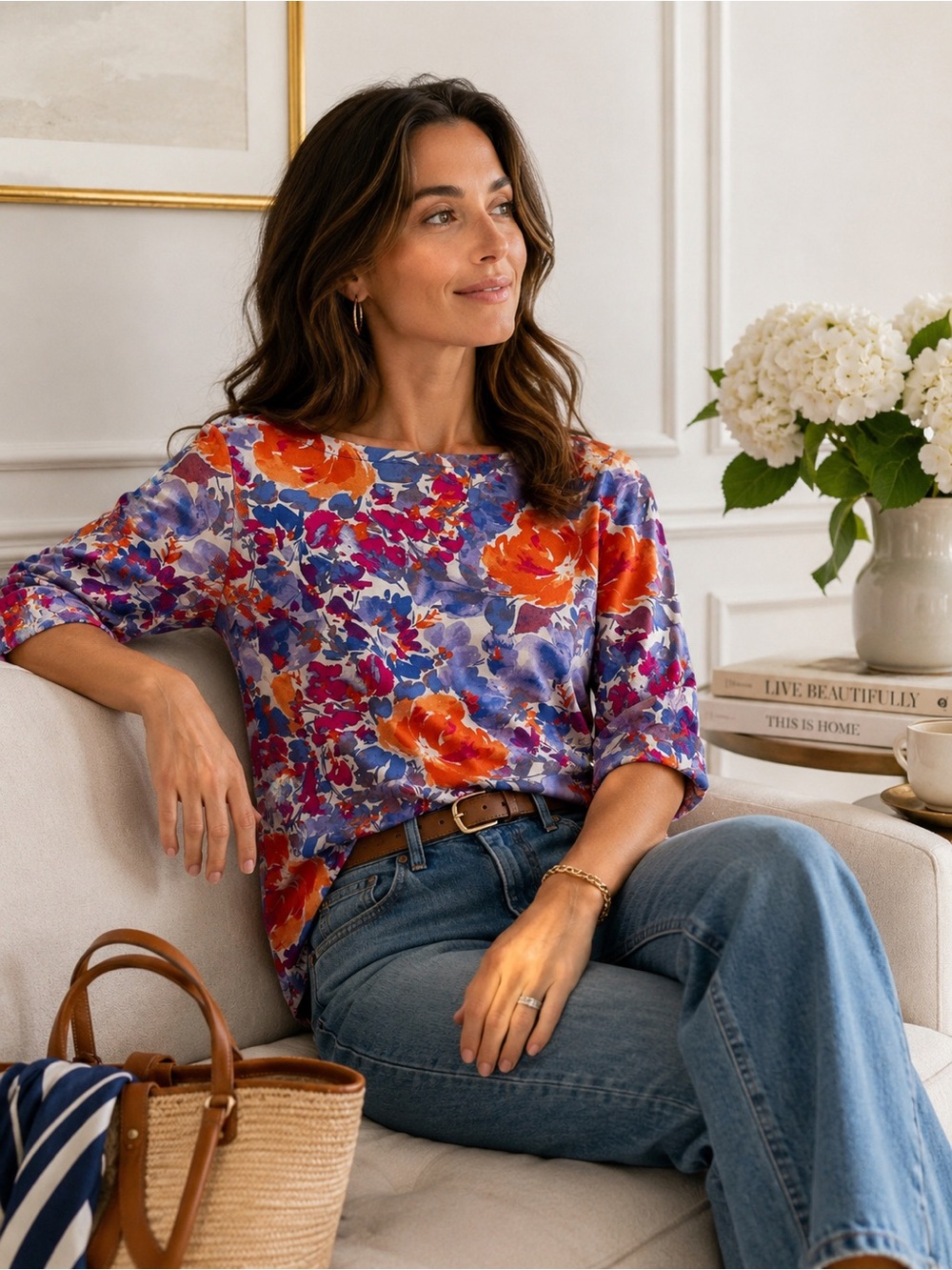 Lauren Ralph Lauren Floral Top M Watercolor Boat Neck Roll Sleeve Cotton Stretch